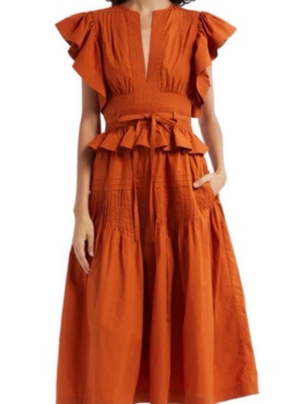 Ulla Johnson Rust Orange Ruffle-Trim Midi Dress